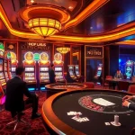 Nổ Hũ 2026 casino scene showcasing vibrant slot machines and exciting gambling actions.