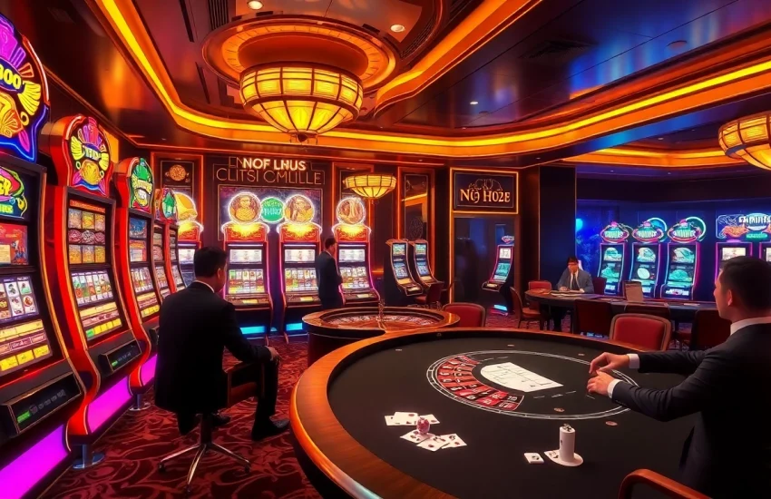 Nổ Hũ 2026 casino scene showcasing vibrant slot machines and exciting gambling actions.