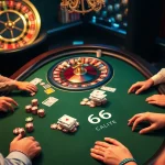 Trải nghiệm cảm giác hồi hộp của KO66 tại một bàn poker sang trọng với người chơi đặt cược và những chíp màu sắc rực rỡ.