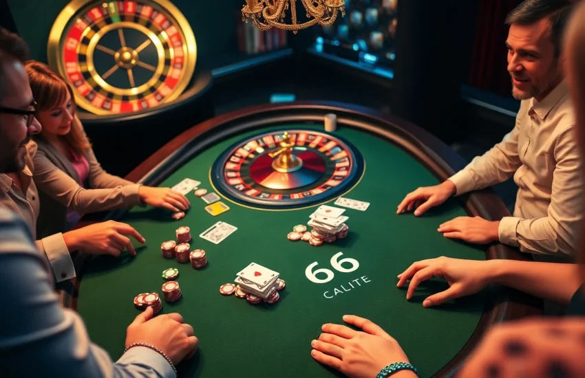 Trải nghiệm cảm giác hồi hộp của KO66 tại một bàn poker sang trọng với người chơi đặt cược và những chíp màu sắc rực rỡ.