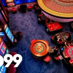 GO99 branding enhances the excitement of a luxurious casino gaming experience featuring poker and slot games.