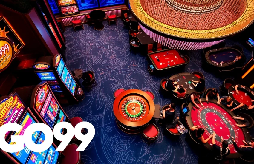 GO99 branding enhances the excitement of a luxurious casino gaming experience featuring poker and slot games.