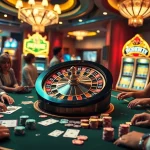 S8 casino excitement with a vibrant roulette wheel and lively players at a gambling table.