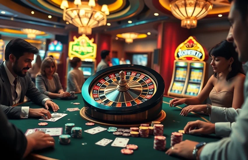 S8 casino excitement with a vibrant roulette wheel and lively players at a gambling table.