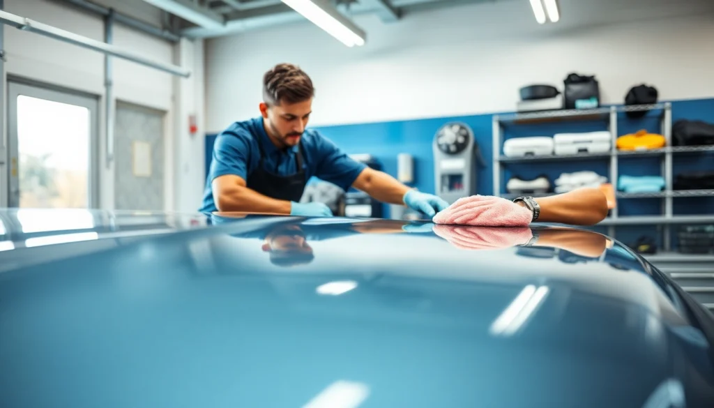 Fahrzeugaufbereitung durch einen Fachmann in einer modernen Garage mit glänzendem Auto und Pflegemitteln.