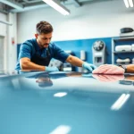 Fahrzeugaufbereitung durch einen Fachmann in einer modernen Garage mit glänzendem Auto und Pflegemitteln.