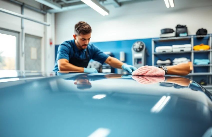 Fahrzeugaufbereitung durch einen Fachmann in einer modernen Garage mit glänzendem Auto und Pflegemitteln.