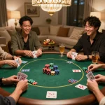 Friends enjoying poker night at home with vibrant poker chips while playing at nhà cái nk88