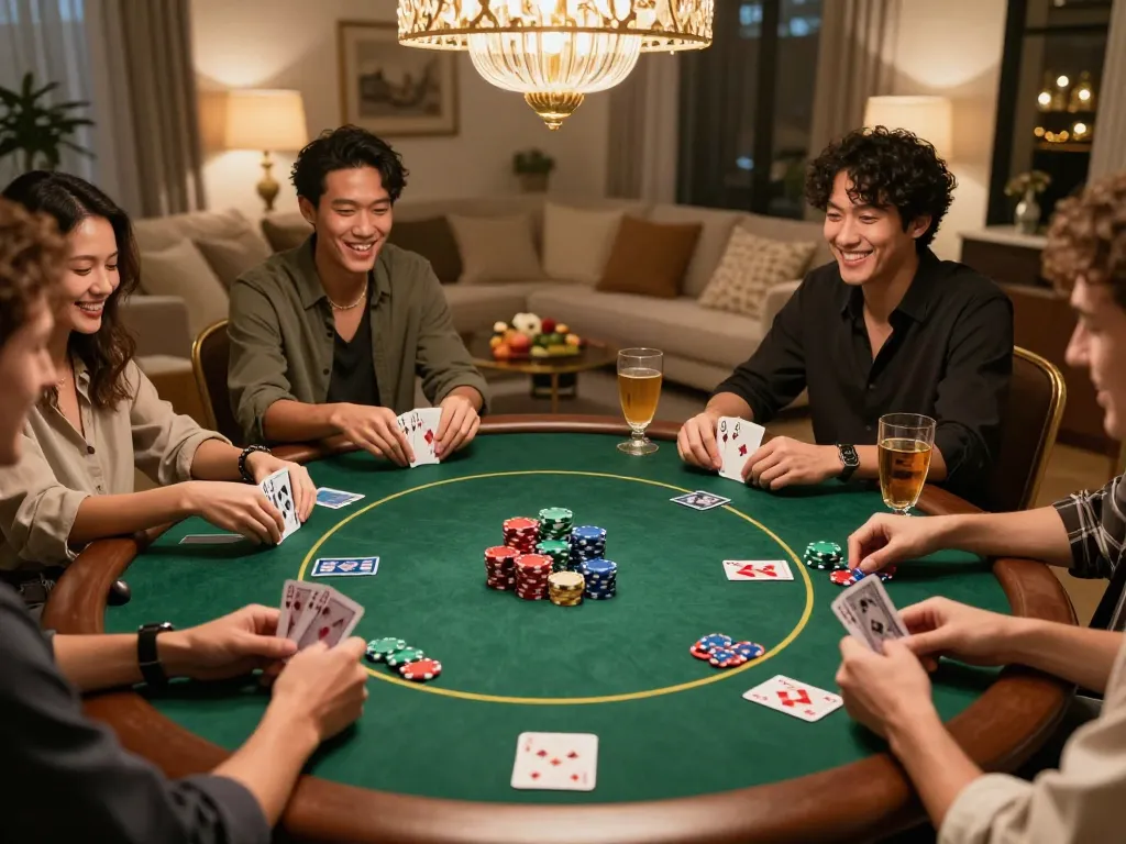 Friends enjoying poker night at home with vibrant poker chips while playing at nhà cái nk88