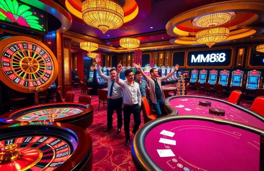 Experience the vibrant excitement of gambling at MM88 Casino with roulette wheels and slot machines.