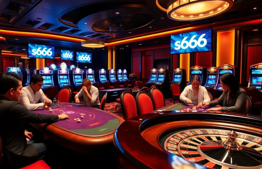 Players enjoy thrilling games at s666 casino with vibrant tables and luxury slot machines.