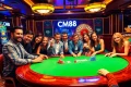 Gambling excitement at a luxury casino with CM88 branding on poker chips and tables.