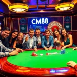 Gambling excitement at a luxury casino with CM88 branding on poker chips and tables.