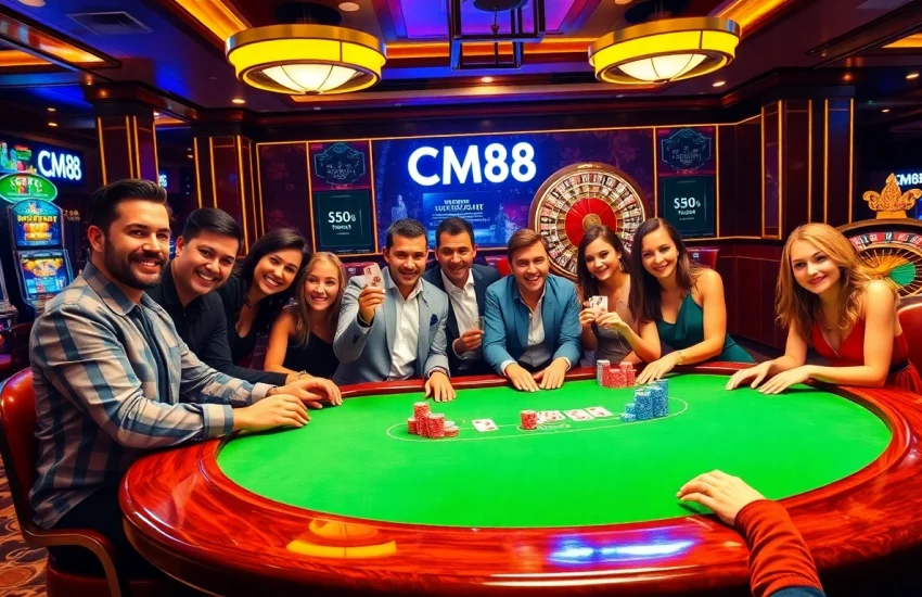 Gambling excitement at a luxury casino with CM88 branding on poker chips and tables.