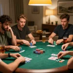 Players strategizing at a poker night with lc88 chips and cards in a cozy home setup