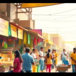 Vibrant marketplace scene representing SL Ads in Sri Lanka, showcasing diverse vendors, customers, and modern advertising elements.