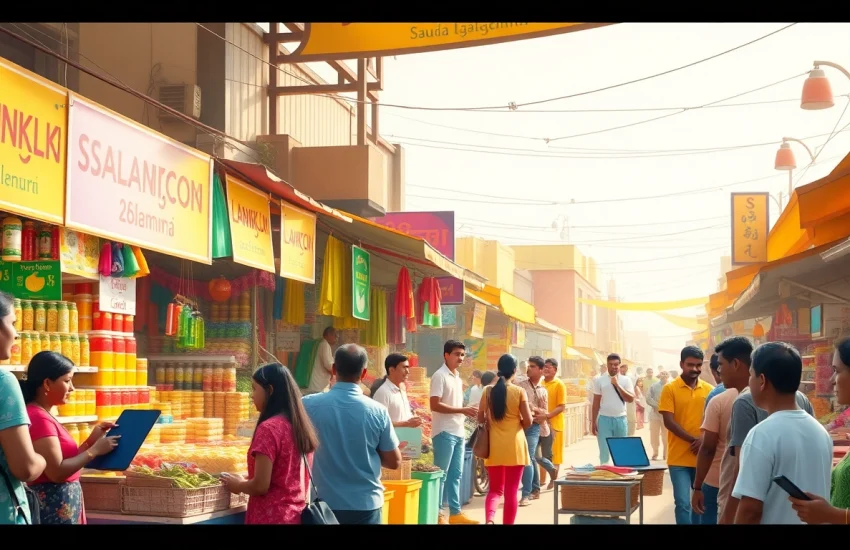 Vibrant marketplace scene representing SL Ads in Sri Lanka, showcasing diverse vendors, customers, and modern advertising elements.