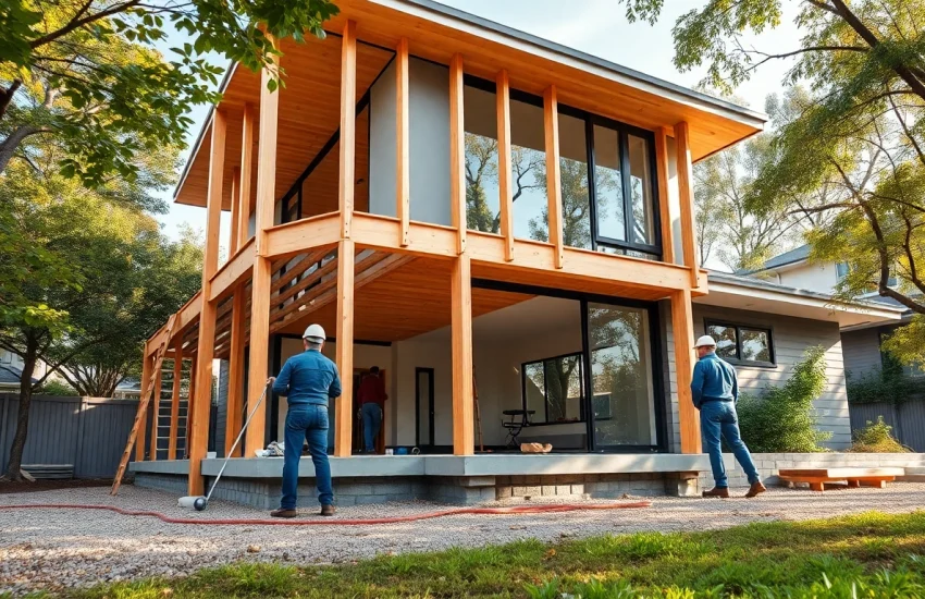 house extension construction in progress with builders framing a contemporary home
