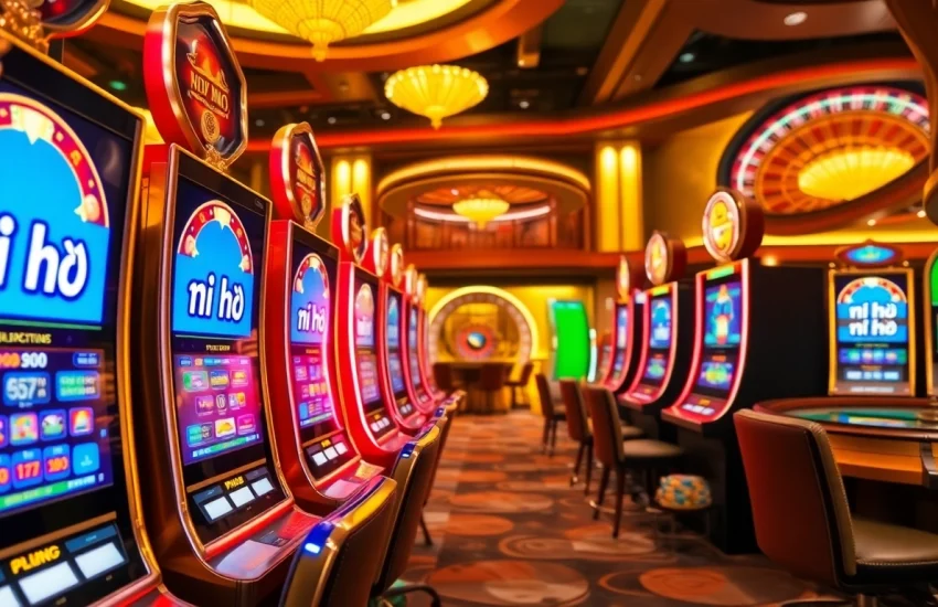 Experience thrilling nổ hũ gameplay amidst vibrant casino visuals and enticing slot machines.