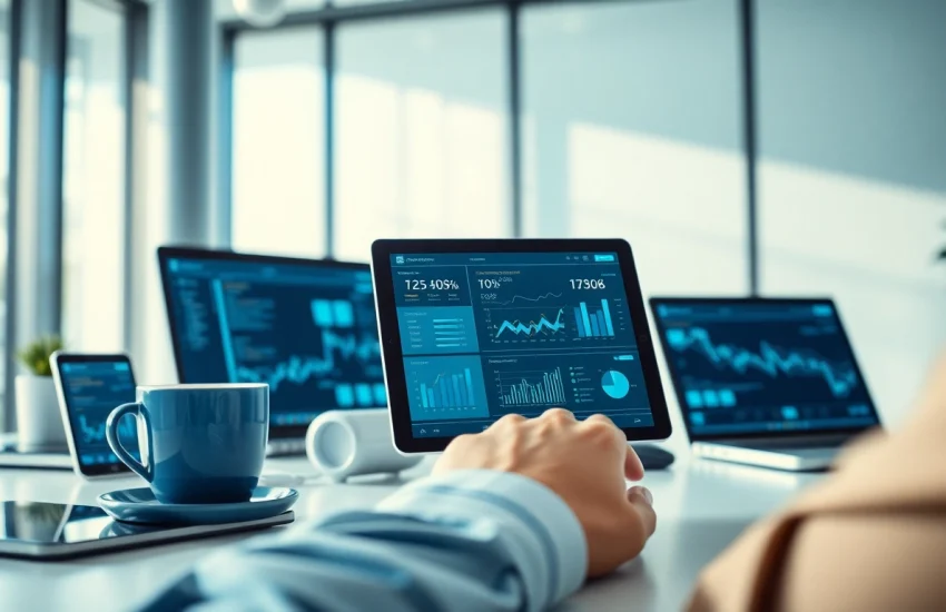 在现代工作区中展示的快连官网应用，配备设备以提升连接性。