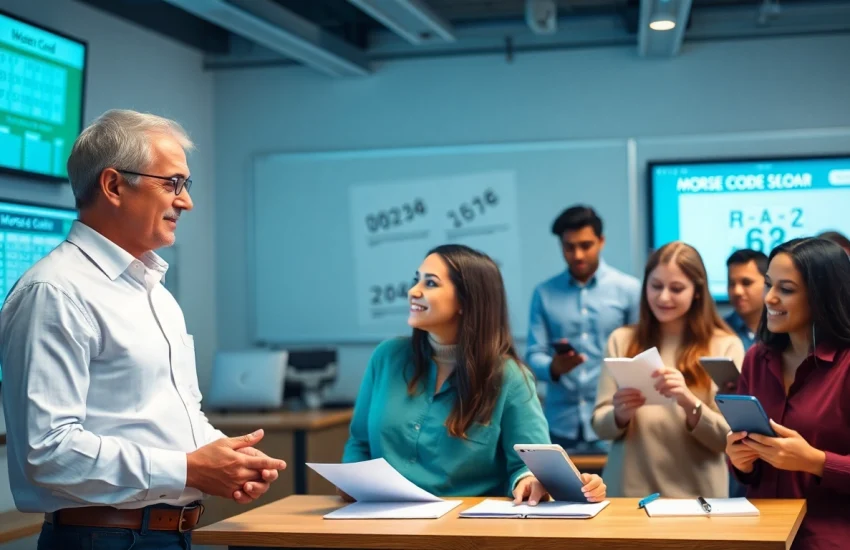 Morse code lessons in a modern classroom with students and teachers engaged in learning.