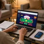 Person engaged with SV388 online casino game on laptop, showcasing responsible gaming environment.