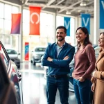 Auto kaufen in einem einladenden Autodealership mit Kunden und Verkäufern im Gespräch.