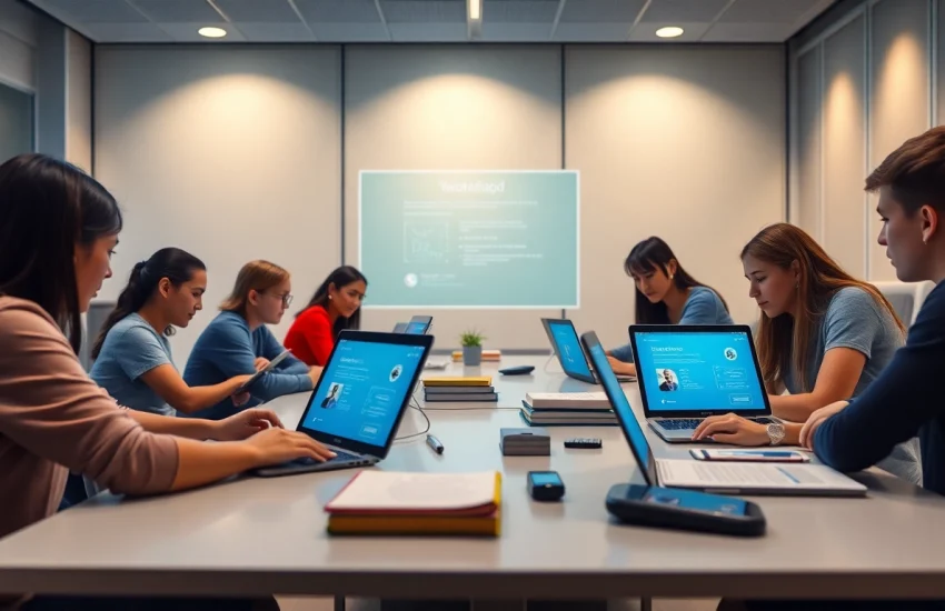 Youdao's digital learning environment with students collaborating using technology.