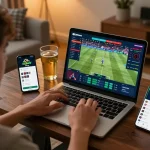 E2bet com user placing bets with strategies on laptop in a cozy sports-themed home.