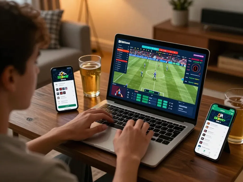 E2bet com user placing bets with strategies on laptop in a cozy sports-themed home.