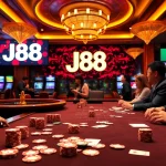 Exciting gambling scene at J88 casino featuring poker and roulette tables.