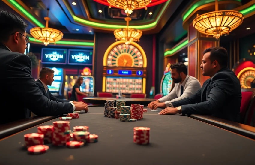 Players enjoying poker at a luxurious casino, showcasing an exciting vipwin experience.