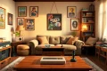 Cozy living room showcasing a classic game setup with retro consoles and game cartridges.