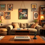 Cozy living room showcasing a classic game setup with retro consoles and game cartridges.