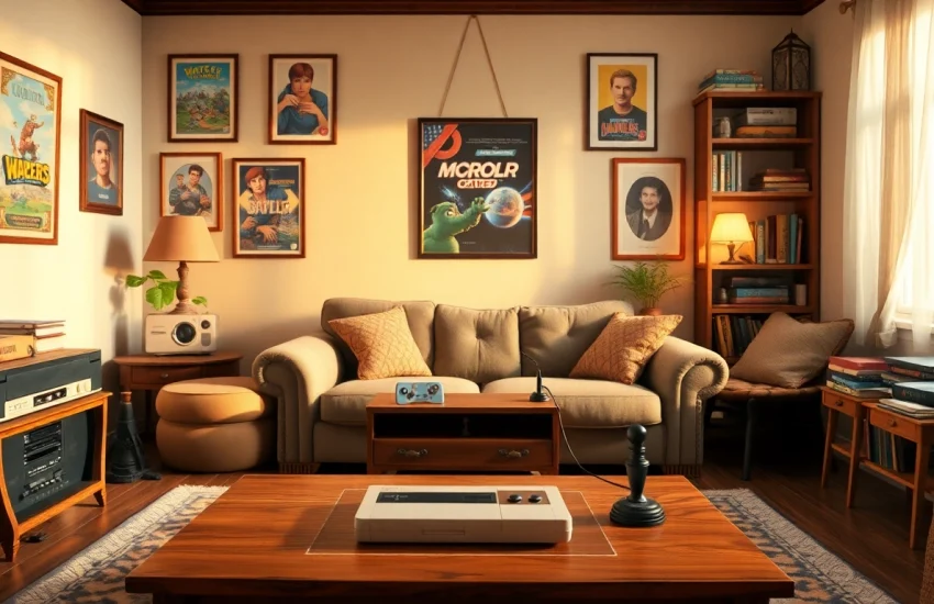 Cozy living room showcasing a classic game setup with retro consoles and game cartridges.