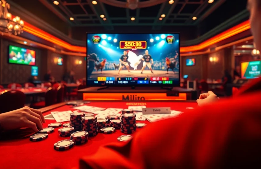 xem đá gà trực tiếp tại gavb79 - live chicken fighting betting scene with vibrant action and professional interface