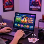 Engaging with trang chủ Onbet online gaming platform in a cozy home, vibrant atmosphere with gaming accessories.