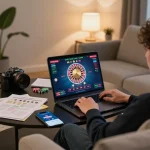 Player enjoying a live dealer game on dv88 com from the comfort of home, focusing on strategic roulette play.