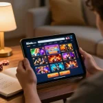 Engaged player using 56win.com on a tablet in a warm living room, showcasing vibrant gaming interface.
