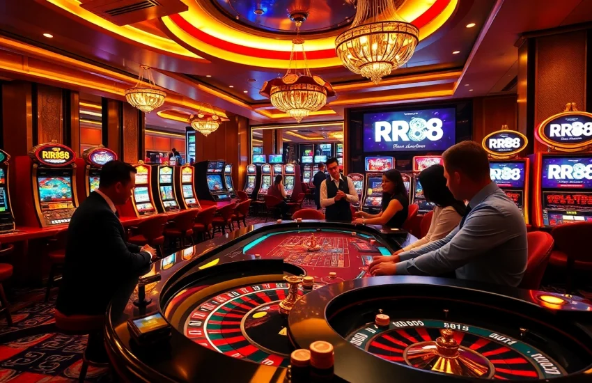 Exciting roulette action at RR88 casino with vibrant slot machines and elegant players.