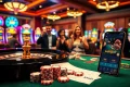 33win players enjoying a lively casino atmosphere with roulette, poker chips, and betting slips.