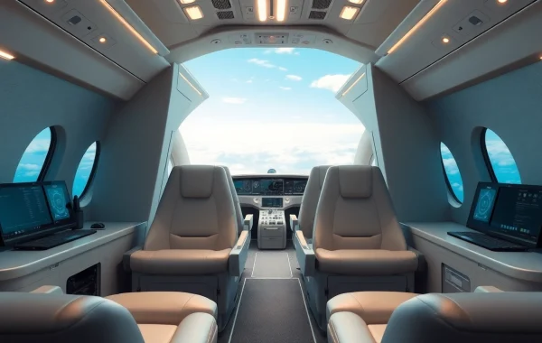 Innenräume für den Luft- und Raumfahrtsektor mit modernem Design und futuristischen Elementen.