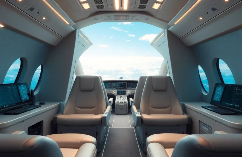 Innenräume für den Luft- und Raumfahrtsektor mit modernem Design und futuristischen Elementen.