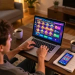 Engaging in online gaming through 789win link on laptop at home, showcasing immersive casino experience