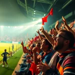 Excited fans celebrating during an AE888 Football match with live betting interface displayed.