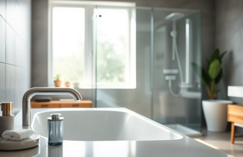 Duschkabine 90x90 mit modernem Design und eleganten Badezimmerdetails im Hintergrund.