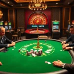 C168 casino atmosphere with poker players and luxurious gaming table.