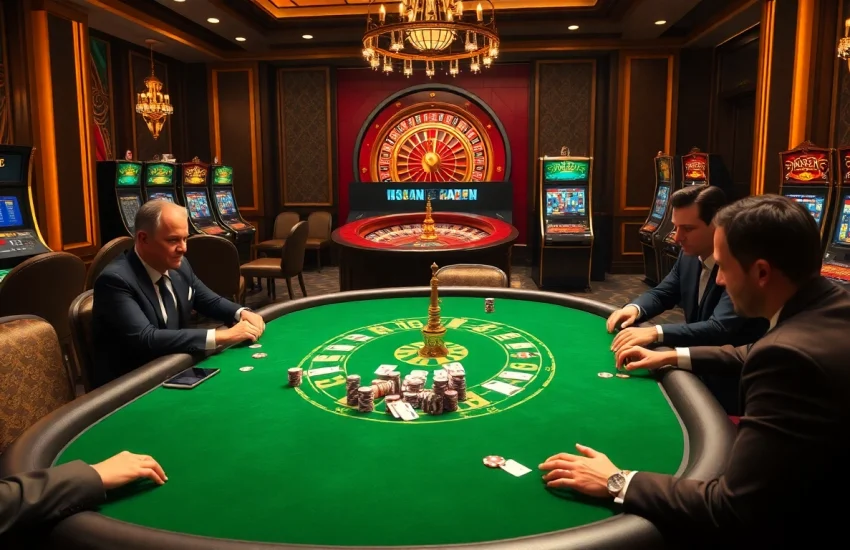 C168 casino atmosphere with poker players and luxurious gaming table.