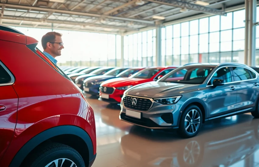Auto kaufen in einem einladenden Autohaus mit glücklichem Kunden und modernen Fahrzeugen.