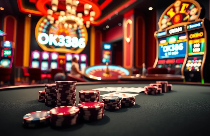 Experience the thrill of gambling at OK8386 with luxurious casino tables and vibrant slot machines.
